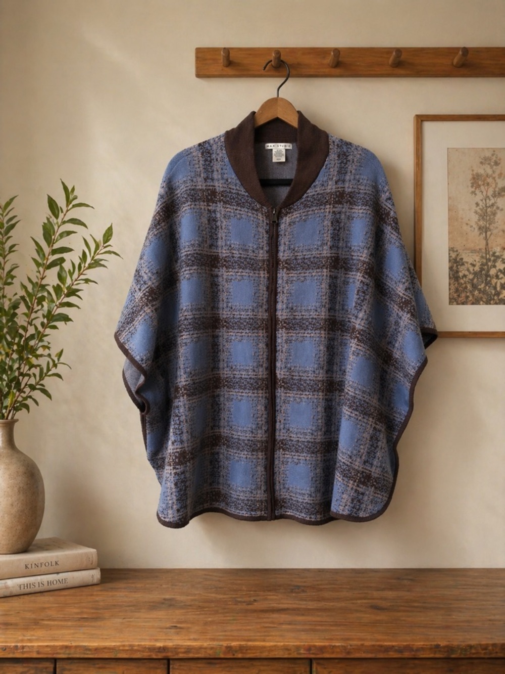 Max Studio Plaid Cape Cardigan Oversized Cozy Fall Layering One Size - Picture 3 of 4